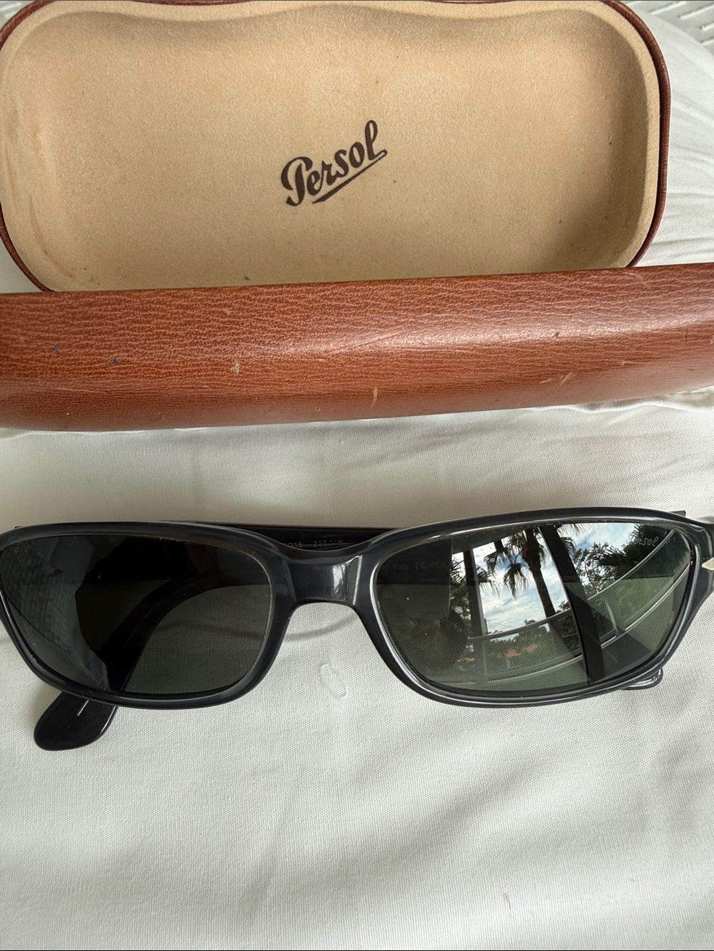 Persol Dark Grey Rectangular Sunglasses with Dark Green Lenses and Brown Case